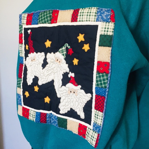 Christmas Quilted Sweater Green Santa Patch! - Picture 3 of 7